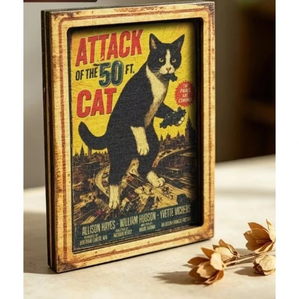 Cat Magnet Attack of 50 Foot Cat! Funny Humor Framed Miniature Magnet New Cute!